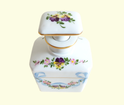 Limoges Porcelain Perfume Bottle Hand Painted And Gilted With Floral Decor Bowknot Pansies Vintage