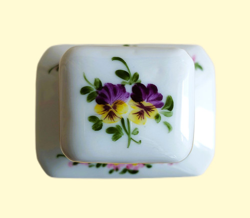 Limoges Porcelain Perfume Bottle Hand Painted And Gilted With Floral Decor Bowknot Pansies Vintage