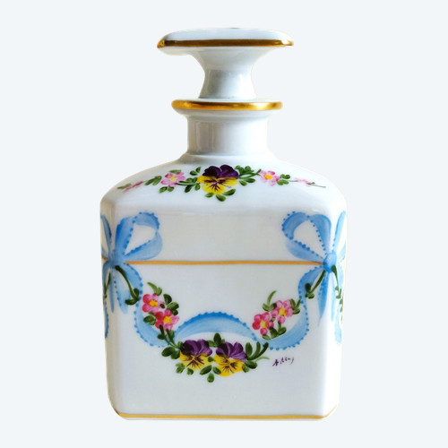 Limoges Porcelain Perfume Bottle Hand Painted And Gilted With Floral Decor Bowknot Pansies Vintage