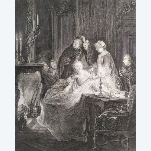 Etching Genre Scenecoming From The Ball By Beauvarlet 18th C Engraving Old Print