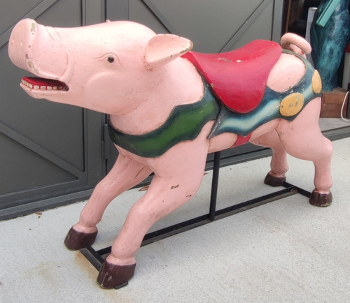 Ancien Sujet De Manège Cochon.  En bois sculpté polychrome  Art forain