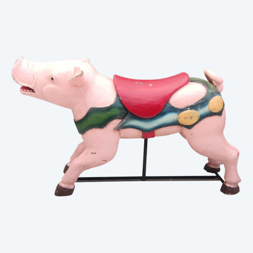 Ancien Sujet De Manège Cochon.  En bois sculpté polychrome  Art forain