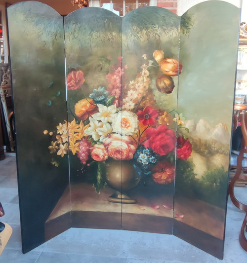 Ancien paravent  Décor Peinture à L Huile Bouquet De Fleurs Nature Morte  4 pans