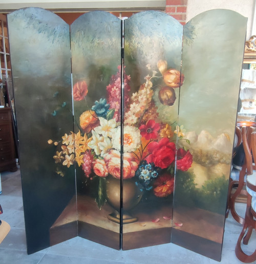 Ancien paravent  Décor Peinture à L Huile Bouquet De Fleurs Nature Morte  4 pans