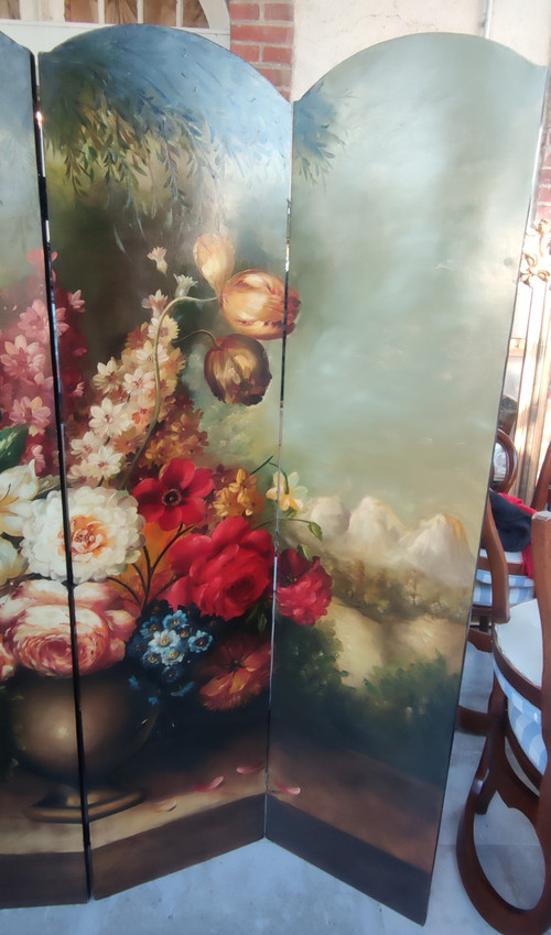 Ancien paravent  Décor Peinture à L Huile Bouquet De Fleurs Nature Morte  4 pans