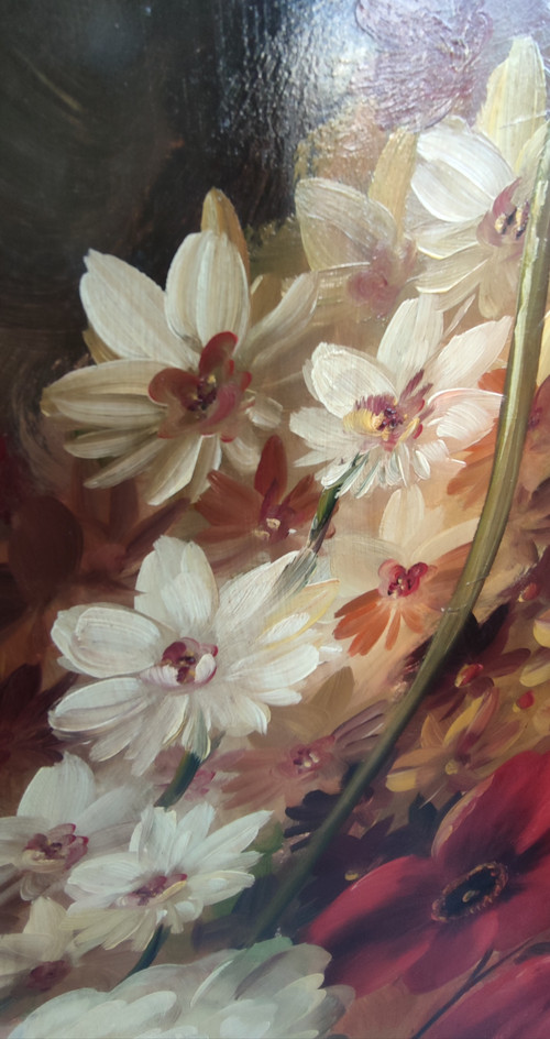 Ancien paravent  Décor Peinture à L Huile Bouquet De Fleurs Nature Morte  4 pans