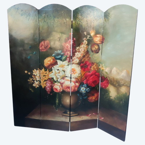 Ancien paravent  Décor Peinture à L Huile Bouquet De Fleurs Nature Morte  4 pans