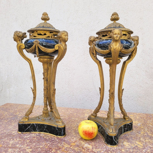 Coppia di cassette in marmo e bronzo, XIX secolo
