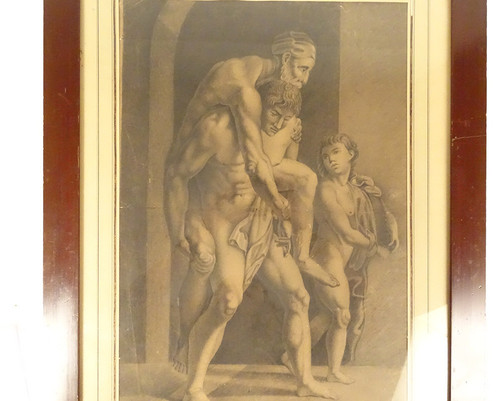 Dessin Mythologique d'Après Raphaël Enée Anchise Et Ascagne Signé 1820 XIXè