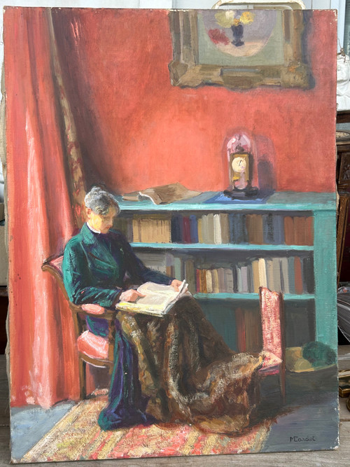 Mèryem Cardot XXéme Olio su tela - Scena d'interno - Donna che legge 1940 circa