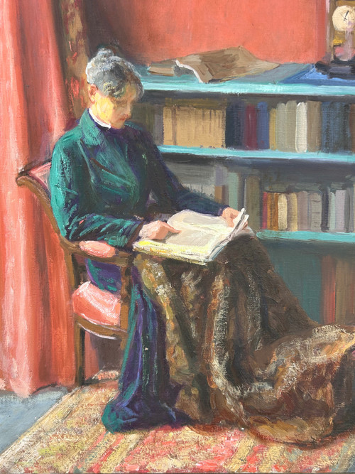 Mèryem Cardot XXéme Olio su tela - Scena d'interno - Donna che legge 1940 circa