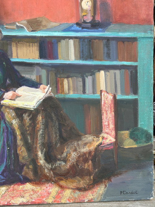 Mèryem Cardot XXéme Olio su tela - Scena d'interno - Donna che legge 1940 circa