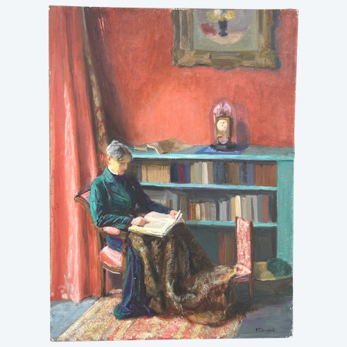 Mèryem Cardot XXéme Olio su tela - Scena d'interno - Donna che legge 1940 circa