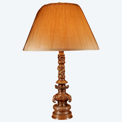 Impressive original bronze table lamp with Japanese elephant, Meiji period 1868-1912,