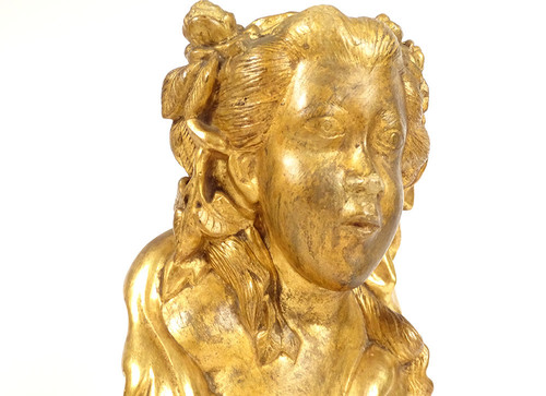 Sculpture Buste Jeune Femme Fleurs Bois Sculpté Doré Chinoiserie XVIIIème