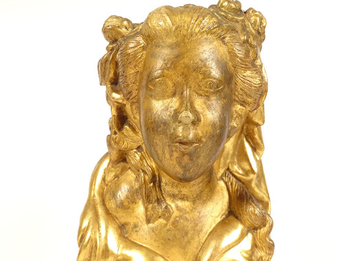 Sculpture Buste Jeune Femme Fleurs Bois Sculpté Doré Chinoiserie XVIIIème