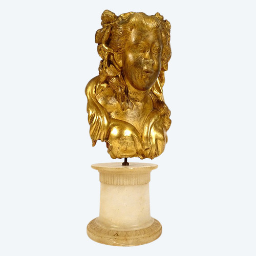 Sculpture Buste Jeune Femme Fleurs Bois Sculpté Doré Chinoiserie XVIIIème