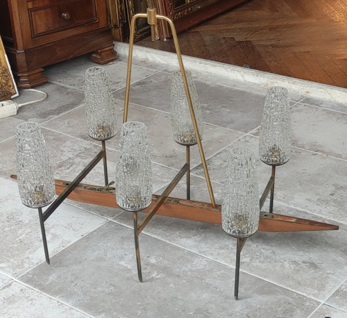 Grande lampadario a sospensione antico di design a 6 luci della ditta LUNEL,