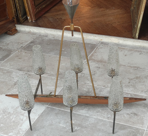 Grande lampadario a sospensione antico di design a 6 luci della ditta LUNEL,