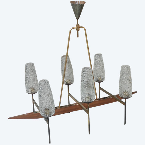 Grande lampadario a sospensione antico di design a 6 luci della ditta LUNEL,