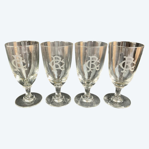 Superbo set di 4 bicchieri da vino rosso in cristallo con monogramma "CR" - XIX secolo