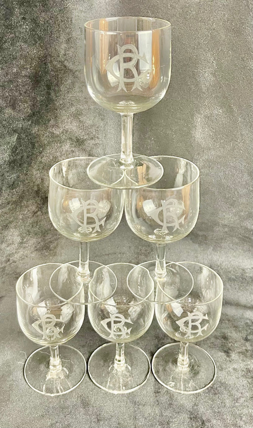 Set di 6 bicchieri da vino in cristallo bianco con monogramma "CR" - XIX secolo