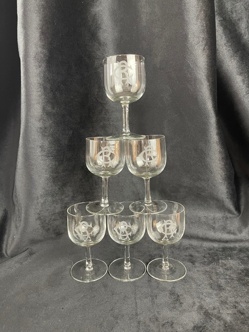 Set di 6 bicchieri da vino in cristallo bianco con monogramma "CR" - XIX secolo