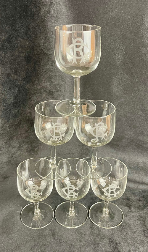 Set di 6 bicchieri da vino in cristallo bianco con monogramma "CR" - XIX secolo