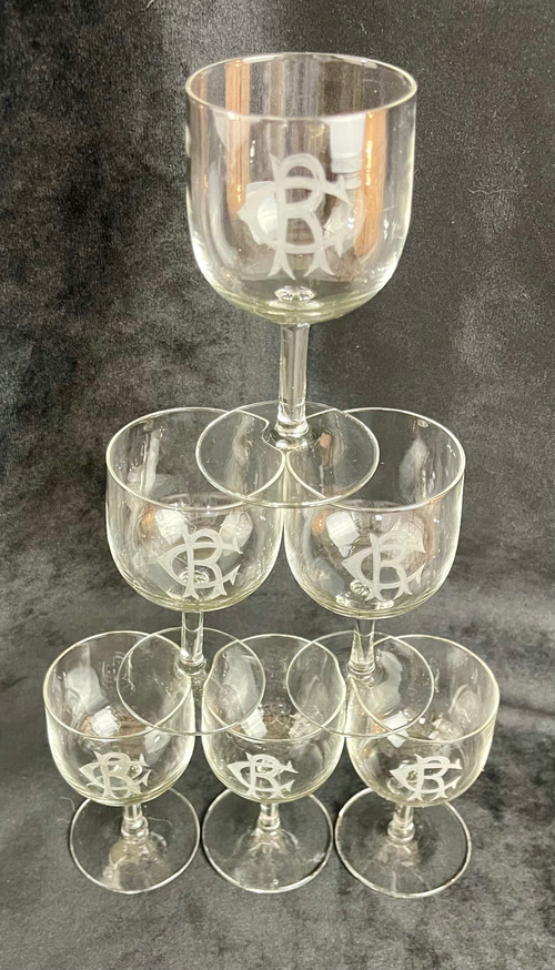 Set di 6 bicchieri da vino in cristallo bianco con monogramma "CR" - XIX secolo