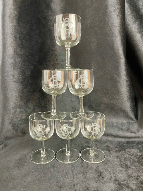 Set di 6 bicchieri da vino in cristallo bianco con monogramma "CR" - XIX secolo