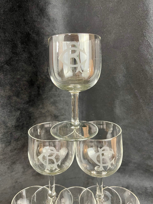 Set di 6 bicchieri da vino in cristallo bianco con monogramma "CR" - XIX secolo