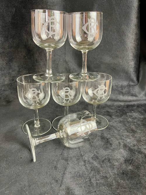 Set di 6 bicchieri da vino in cristallo bianco con monogramma "CR" - XIX secolo