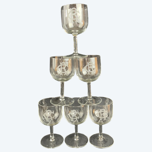 Set di 6 bicchieri da vino in cristallo bianco con monogramma "CR" - XIX secolo