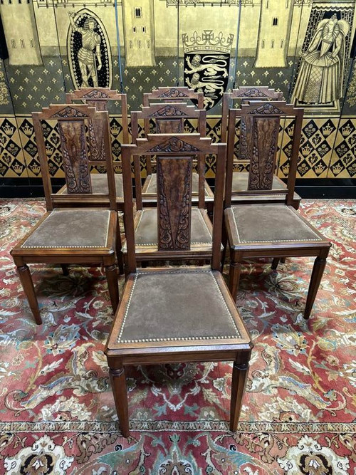 7 art deco walnut chairs