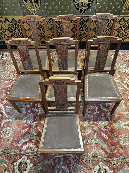 7 art deco walnut chairs