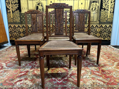 7 art deco walnut chairs