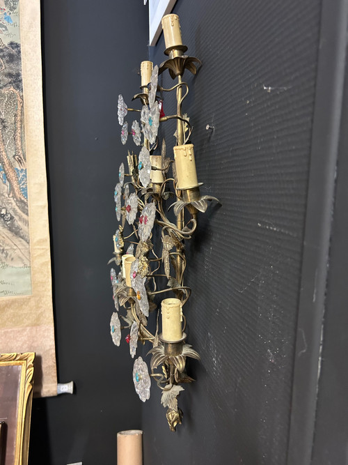 Importante coppia di lampade da parete per chiesa o cappella in ottone dorato e vetro della fine del XIX secolo H 70 cm
