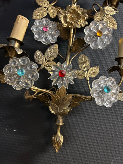 Importante coppia di lampade da parete per chiesa o cappella in ottone dorato e vetro della fine del XIX secolo H 70 cm