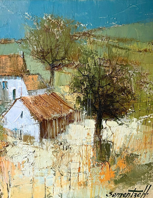 Michel Sementzeff (1933-2019), Gemälde Landschaft Auf dem Land "Ländliche Hütte.