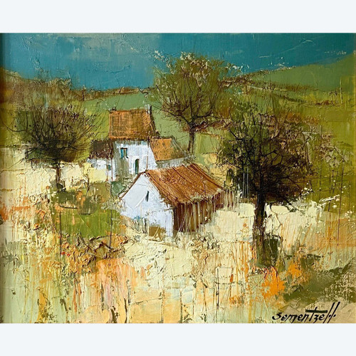 Michel Sementzeff (1933-2019), Gemälde Landschaft Auf dem Land "Ländliche Hütte.
