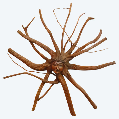 Scultura di un volto femminile con capelli luminosi