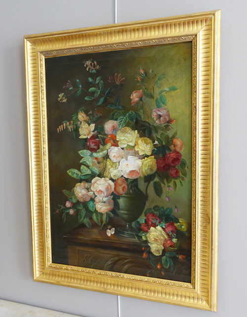 Blumenstrauß / Rosen, Stillleben - Lyoner Schule des 19. Jahrhunderts - 104cm x 76,5cm