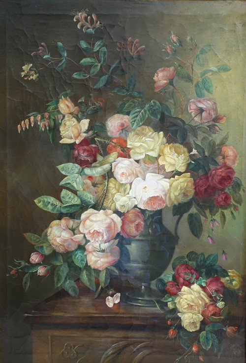 Blumenstrauß / Rosen, Stillleben - Lyoner Schule des 19. Jahrhunderts - 104cm x 76,5cm
