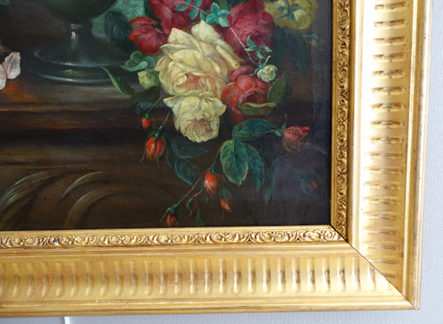Blumenstrauß / Rosen, Stillleben - Lyoner Schule des 19. Jahrhunderts - 104cm x 76,5cm