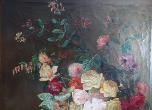 Blumenstrauß / Rosen, Stillleben - Lyoner Schule des 19. Jahrhunderts - 104cm x 76,5cm