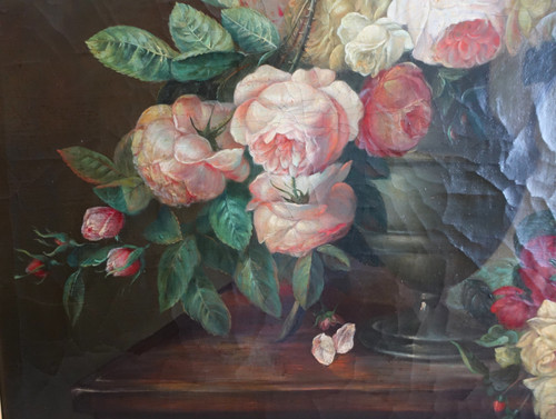 Blumenstrauß / Rosen, Stillleben - Lyoner Schule des 19. Jahrhunderts - 104cm x 76,5cm