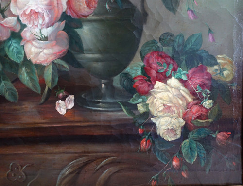 Blumenstrauß / Rosen, Stillleben - Lyoner Schule des 19. Jahrhunderts - 104cm x 76,5cm