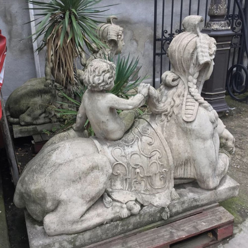Pair of Sphinxes with Putti in Reconstituted Stone, Garden Statue