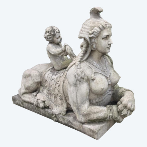 Pair of Sphinxes with Putti in Reconstituted Stone, Garden Statue