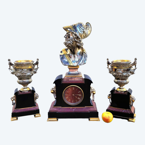 Antique Bronze Set, Pendulum And Urns, 19th Century